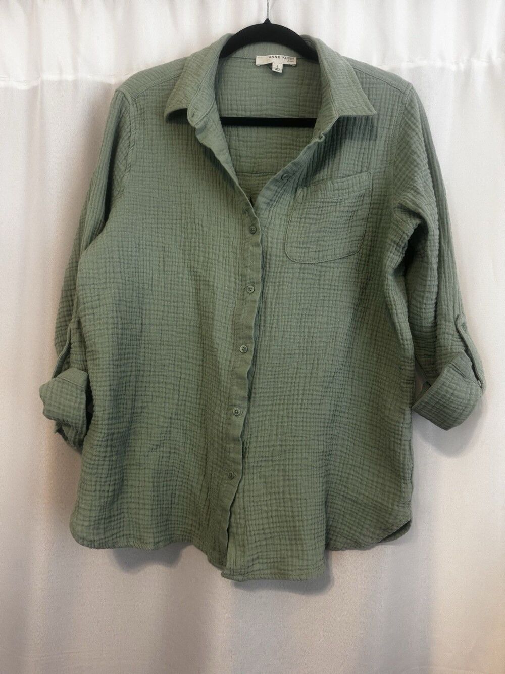 Anne Klein Green 100% Cotton Woven Collared Button-Up Long Sleeve Blouse L